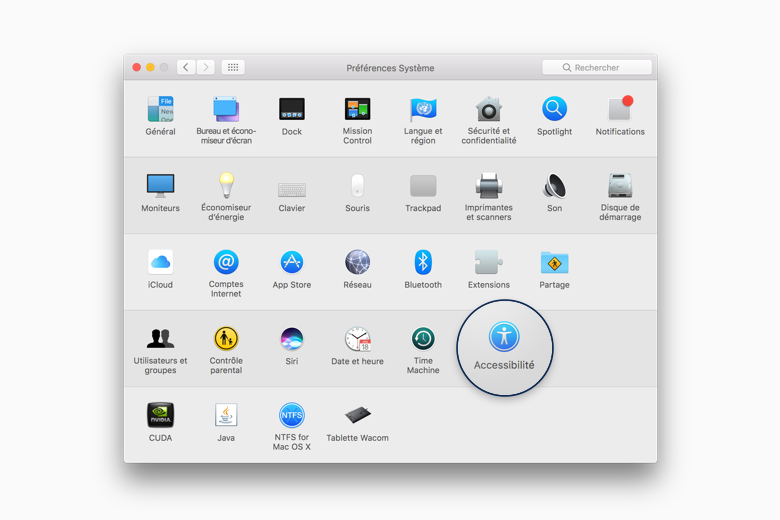 This is a screen capture of the system preferences menu featuring an Accessibility category in macOS Sierra